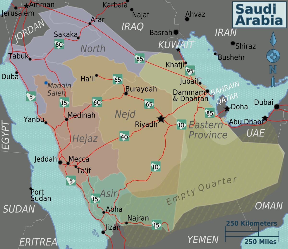 Kart av Saudi-Arabia med byer avstand