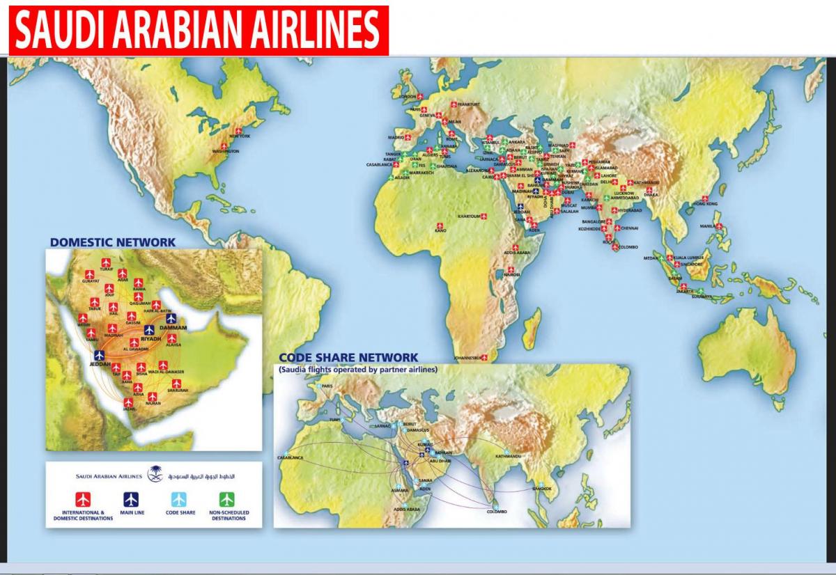 Kart av Saudi Arabian airlines rute