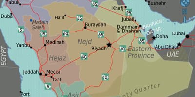 Kart av Saudi-Arabia med byer avstand